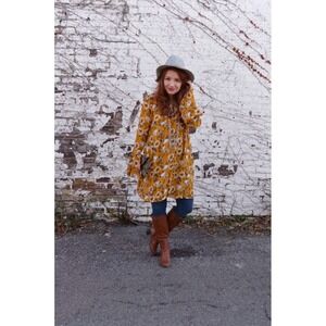 Xhilaration Floral Print Dress Long Sleeve Button Front‎ Mustard Yellow S